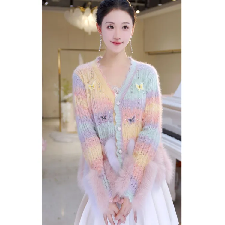 【北栀】【彩蝶】重工立体蝴蝶开衫毛衣812872+狐狸毛812946