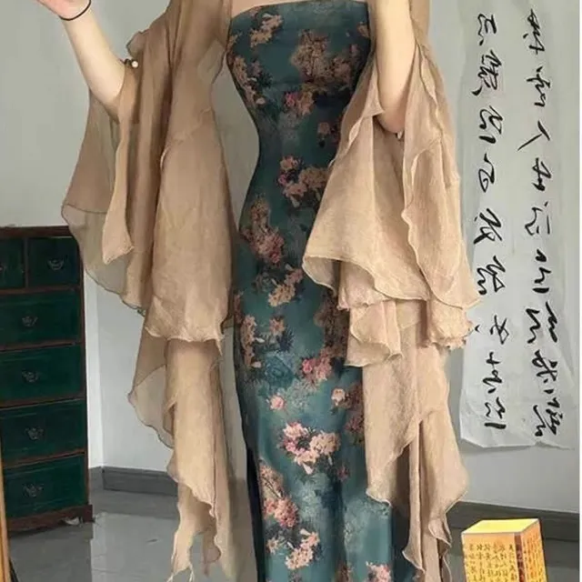 新中式改良旗袍少女吊带国风复古挂脖抹胸连衣裙特大码开衫300斤
