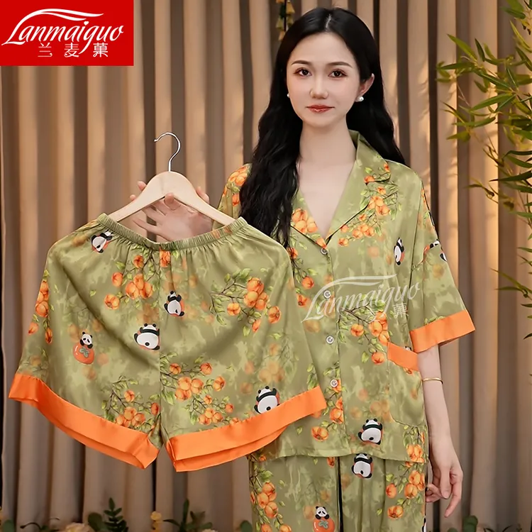 熊猫三件套夏季冰丝睡衣女2025新款优雅印花气质时尚家居服可外穿