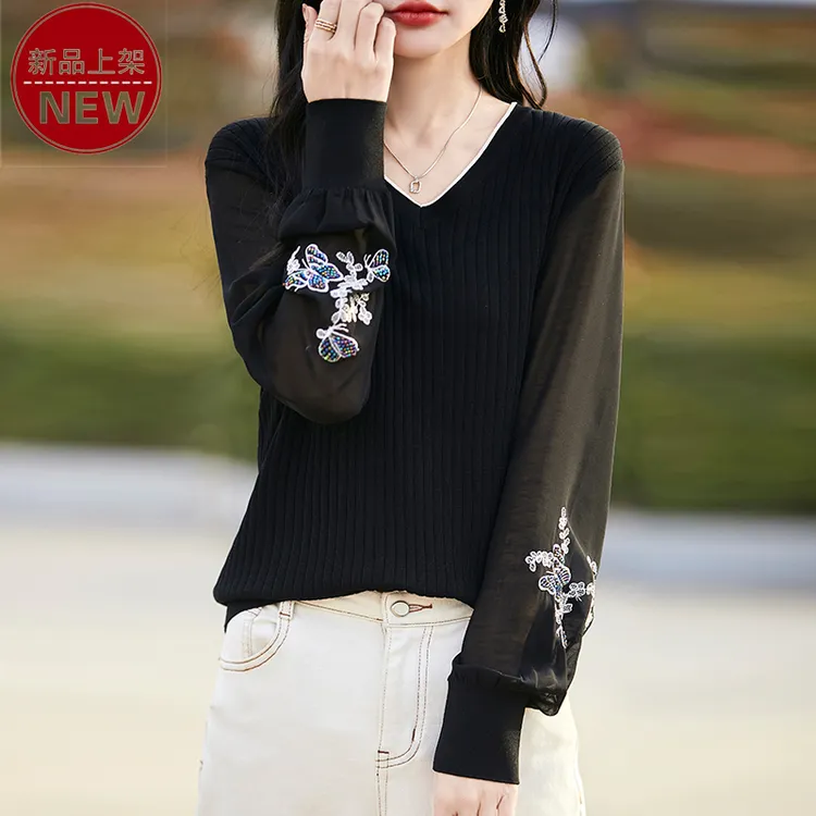 哥弟阿玛施正品春秋新款V领宽松纱袖袖口提花休闲气质百搭针织衫