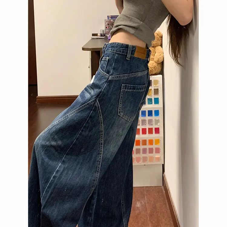 复古蓝阔腿弯刀牛仔裤女2025夏季新款设计感高腰显瘦垂感拖地裤子