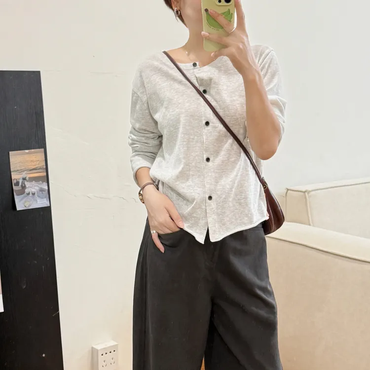 大妍小个子秋季韩系简约百搭显瘦宽松长袖排扣棉开衫外套8880