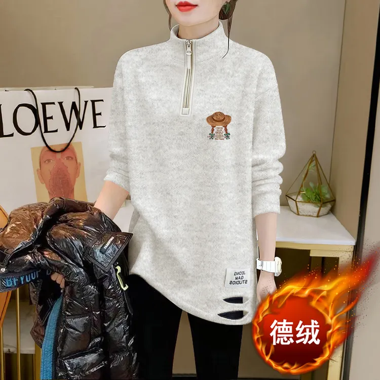 小清新印花款T恤中长款半高领拉链设计上衣潮流休闲加绒打底衫冬