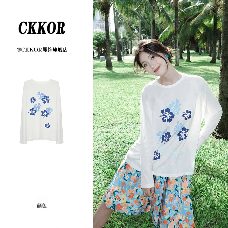 CKKOR夏日穿搭薄款透气圆领长袖t恤女慵懒风通勤休闲上衣服松弛感