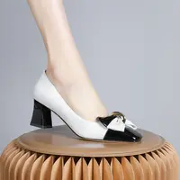 妮彩诗2024年欧美时尚气质蝴蝶结白色方头粗跟漆皮女士单鞋1158