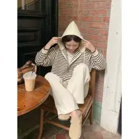 YO定制慵懒风条纹连帽长袖毛衣开衫秋季百搭撞色宽松针织外套上衣
