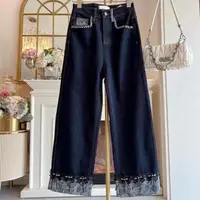 复古重工镶钻牛仔裤蕾丝蝴蝶结阔腿裤宽松显瘦直筒女牛仔裤大码秋