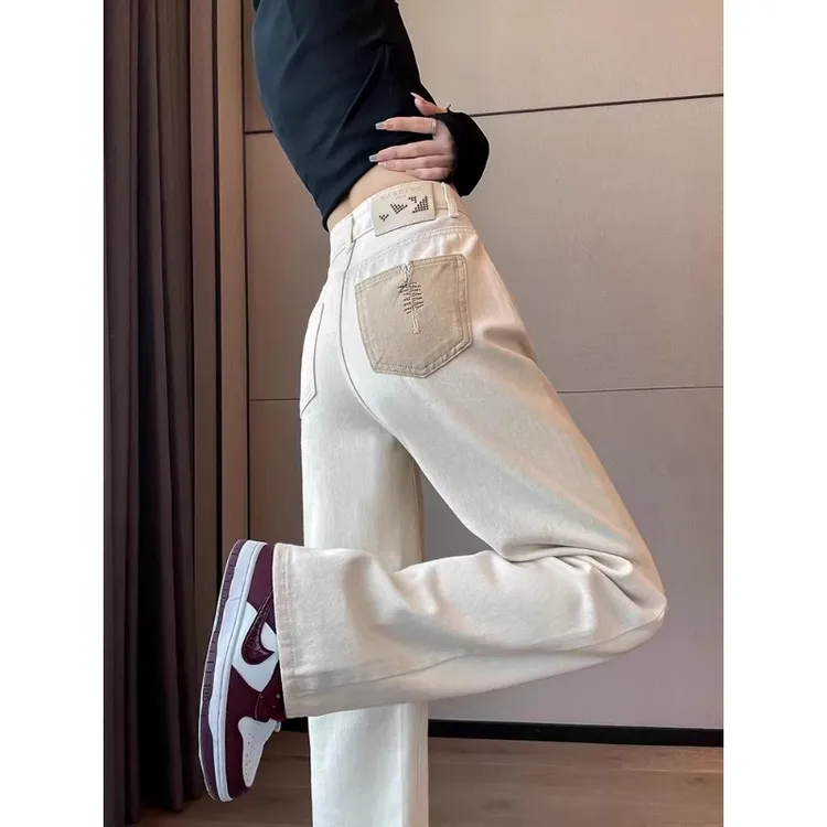 窄版阔腿牛仔裤女秋冬加绒设计感高腰垂感拖地裤小个子白色直筒裤