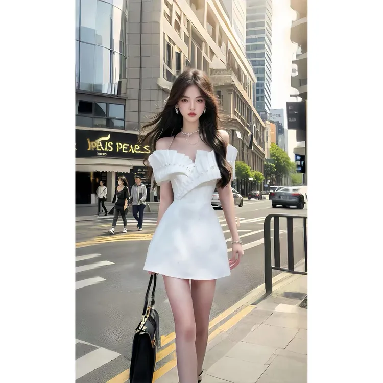 新款白色不规则领型收腰时尚气质连衣裙女小众高级优雅氛围感裙子