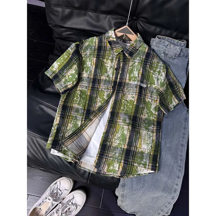 绿色扎染vintage牛油果格子短袖衬衫男夏季潮牌衬衣七分袖薄外套