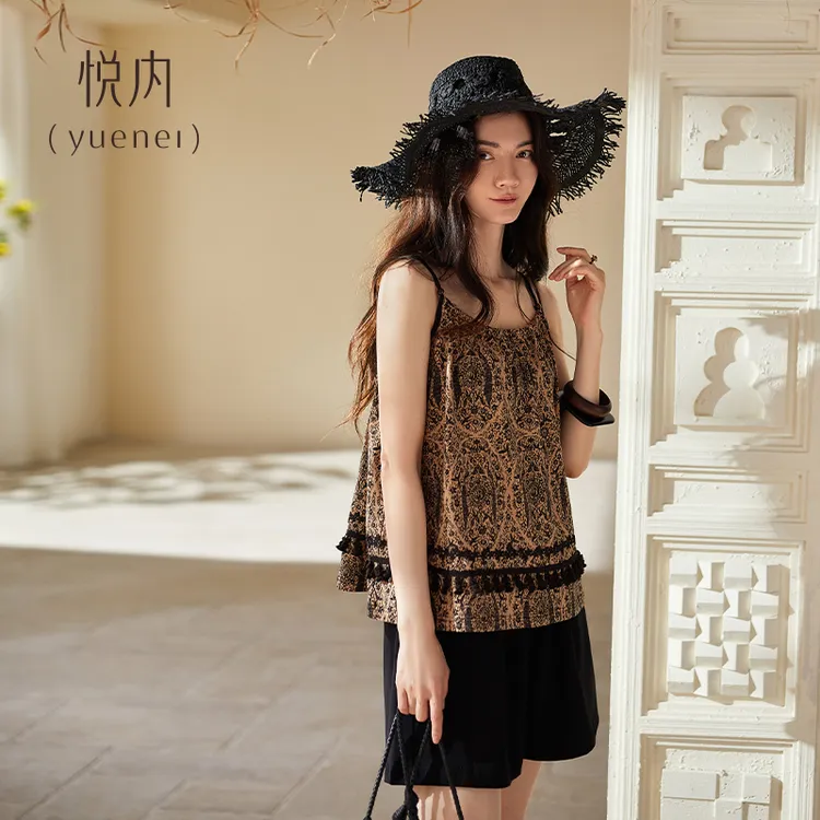 悦内带胸垫睡衣女士夏季夏天纯棉吊带背心短裤家居服时尚复古套装