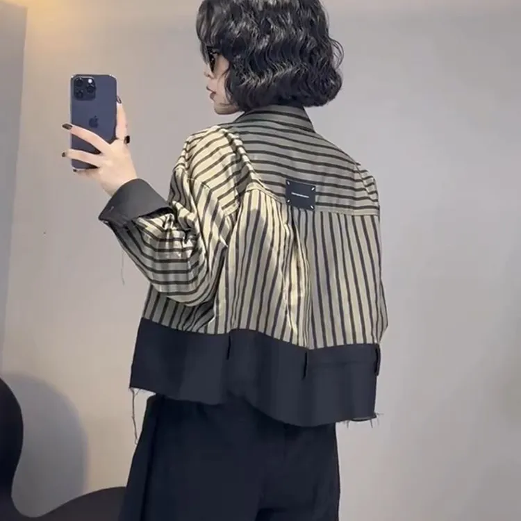 2025欧货复古条纹拼接长袖衬衫女春秋季今年流行小衫设计感短上衣