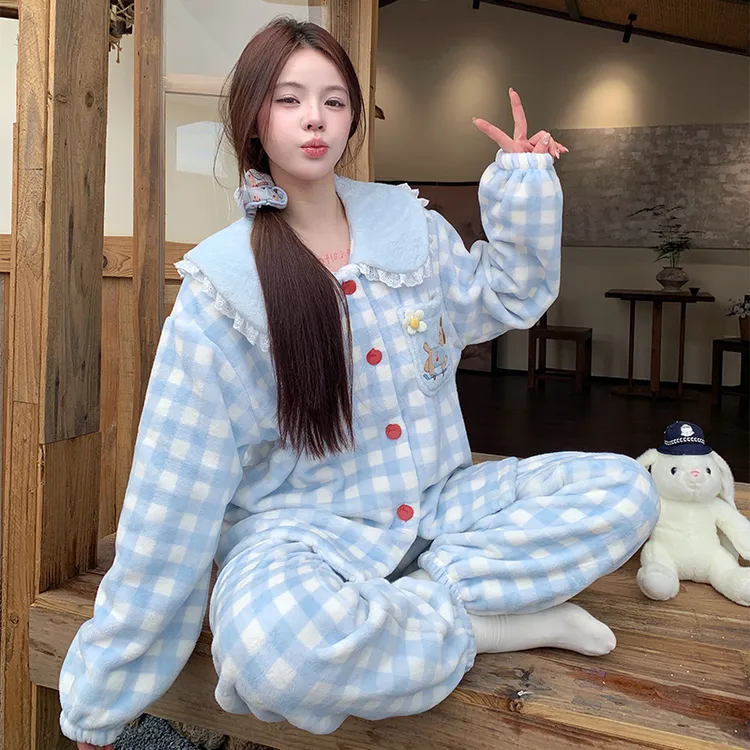 法兰绒睡衣女款秋冬季2025新款珊瑚绒加绒加厚胖mm大码家居服套装