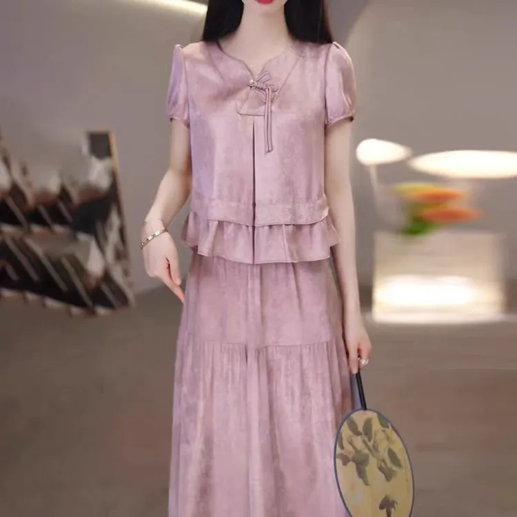 【F3933】气质阔太太时尚套装礼服裙2025夏季新款显瘦遮肉俩件套