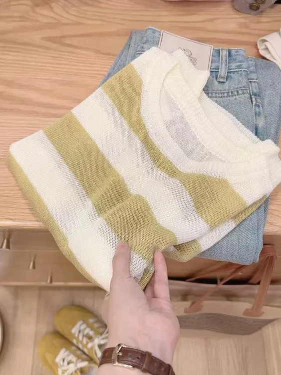 七言家巨好看！韩系穿搭#黄白条纹凉感套头短袖@
