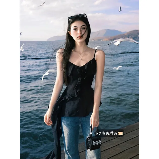 法式黑色荷叶边吊带背心女夏季设计感小众性感辣妹外穿无袖上衣服