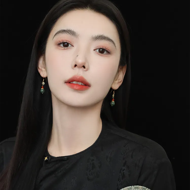 合金耳饰 Meuri《莲》新中式吊坠耳环古风气质油青珠女冬天925银针