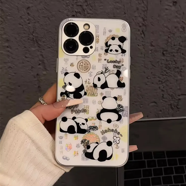 百福底熊猫适用苹果iPhone16华为OPPO小米VIVO金属烫金玻璃手机壳