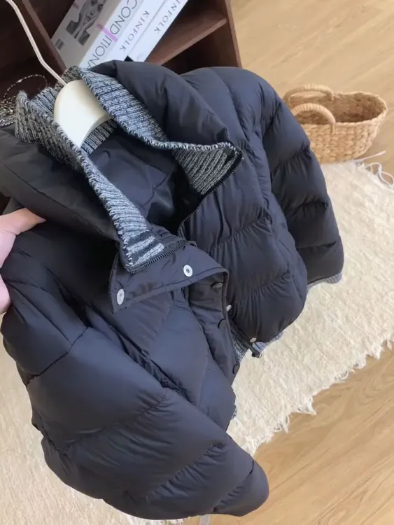 黑色立领拼接短款棉服外套女秋冬季设计感假两件时尚百搭棉袄上衣