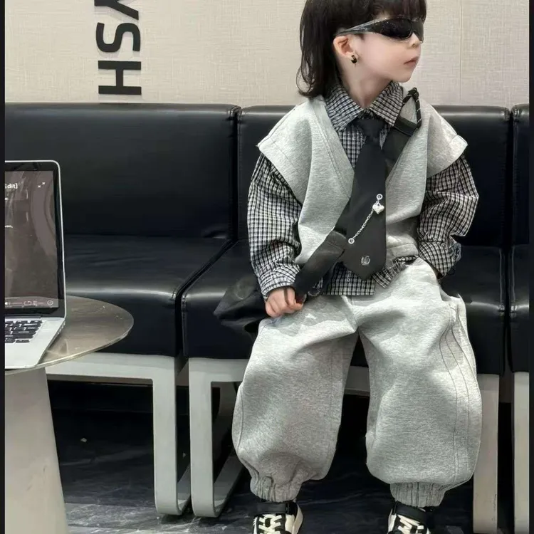 2025秋装男童格子衬衫马甲套装潮酷两件套洋气束脚