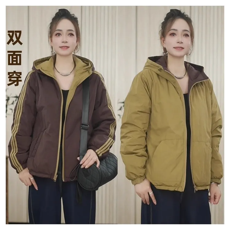 【双面穿】棉衣加厚手工捏折保暖棉服宽松型时尚秋冬情侣连帽