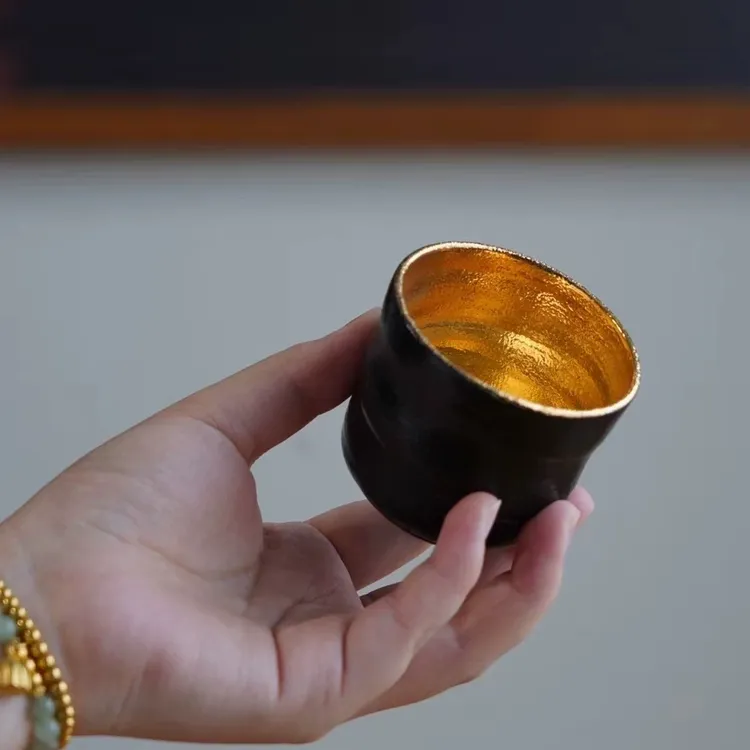景德镇手工陶瓷正红花口鎏银高足红茶柴烧杯品茗主人杯茶杯