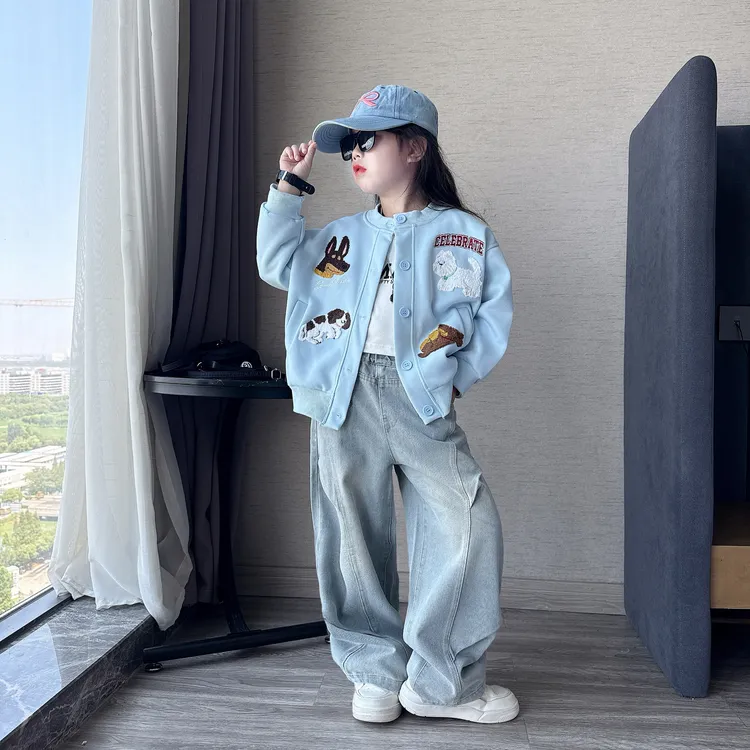 女童外套棒球服春秋装2025新款中大童女孩卡通毛巾绣休闲百搭上衣