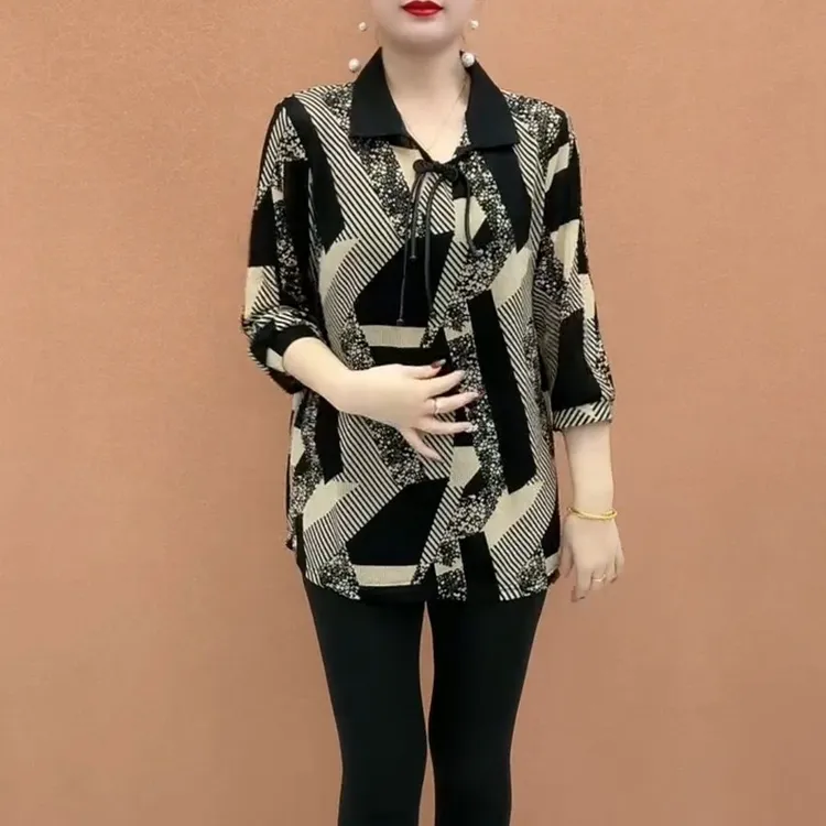 2025夏季中老年妈妈装复古翻领流苏盘扣七分袖弹力衫韩版减龄百搭