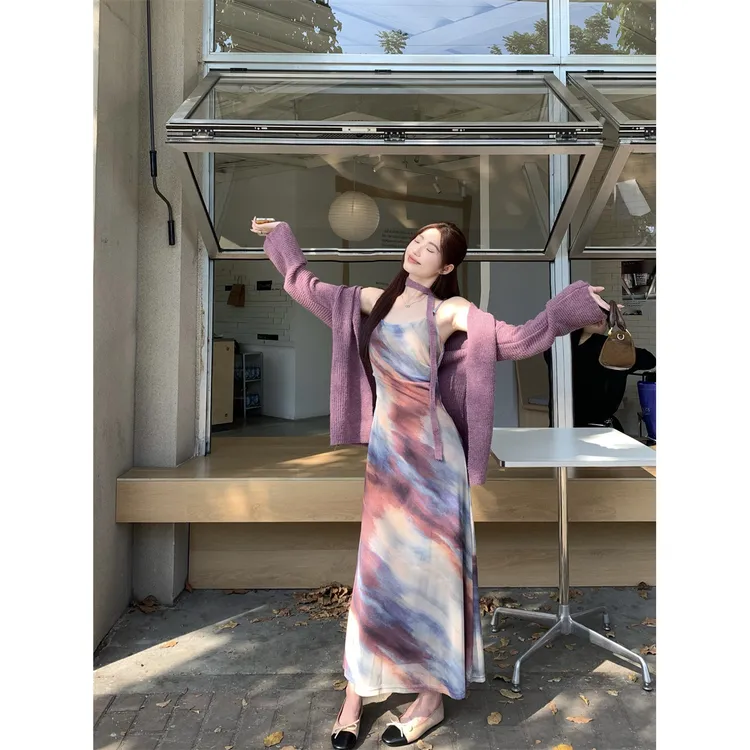 复古气质晕染吊带裙套装女小众设计感时尚百搭长袖针织开衫两件套
