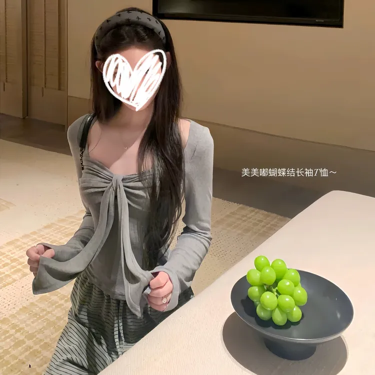梦优莱网红时尚炸街蝴蝶结长袖T恤女装秋季法式新款修身显瘦上衣