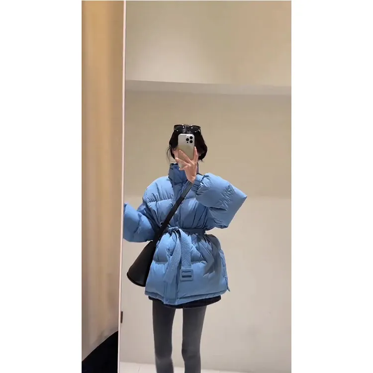 韩系复古收腰蓝色羽绒棉服女冬季独特超好看加厚保暖面包服外套潮