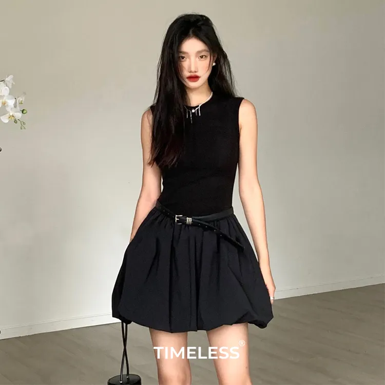 TIMELESS·美式辣妹连衣裙夏季收腰黑色高级感气质蓬蓬花苞短裙女