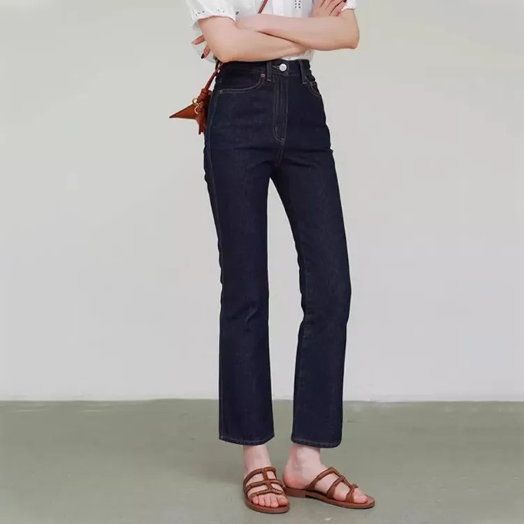 大码冬季深蓝色高腰直筒加绒牛仔裤女梨形身材遮胯显瘦弹力九分裤