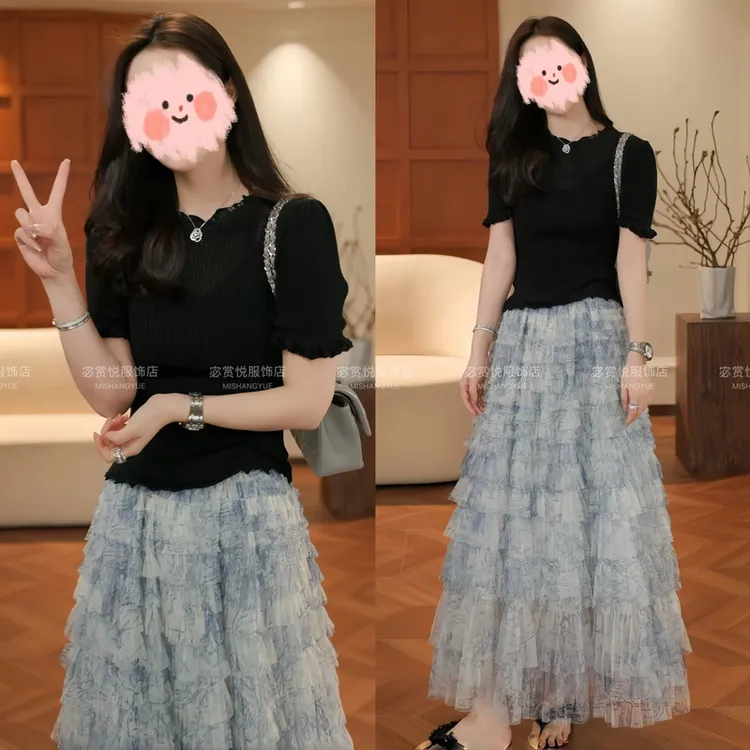 小众炸街高级感女装欧若风短袖针织打底衫百搭长款蛋糕裙两件套女