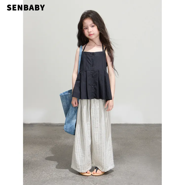 【现货】senbaby童装 女童套装夏季韩版黑色吊带衫条纹直筒裤两件套
