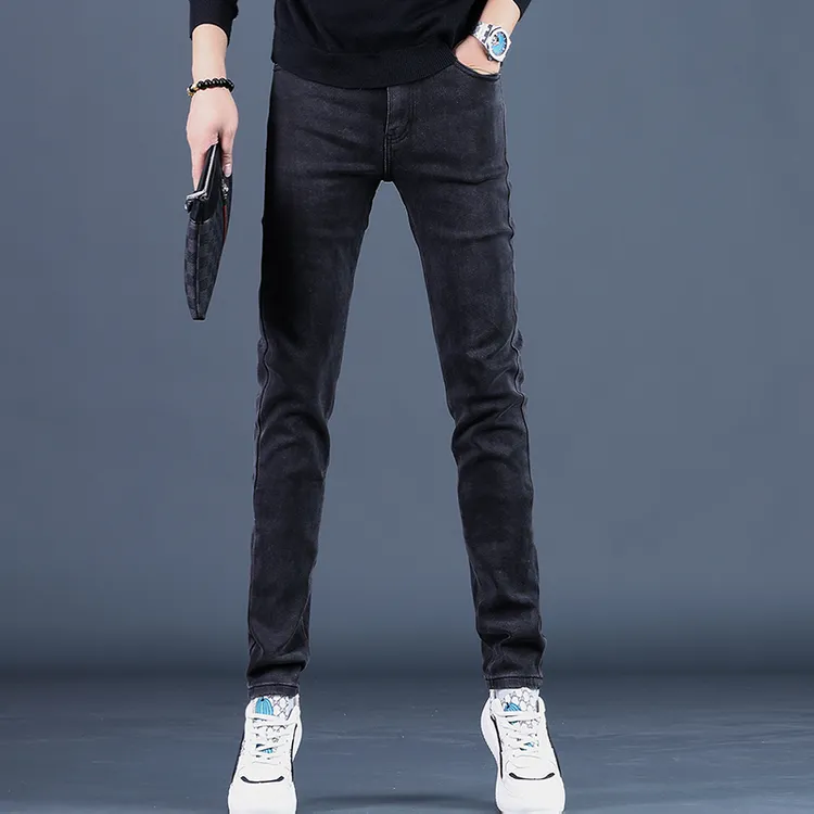 秋季款男士高端紧身黑色牛仔裤男潮牌修身小脚裤子休闲裤男士长裤