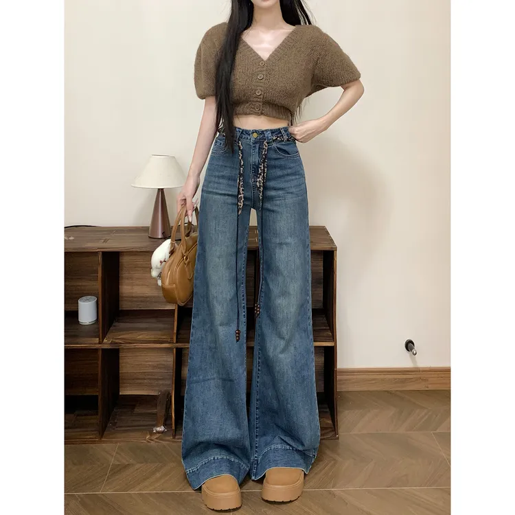高级感不贴腿蓝牛微喇裤女2025秋季新款高腰显瘦通勤百搭拖地长裤
