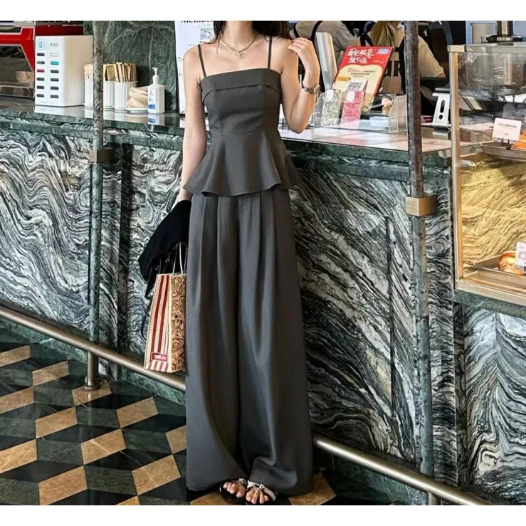 高级感时尚气质套装女夏季设计感褶皱吊带背心高腰阔腿长裤两件套