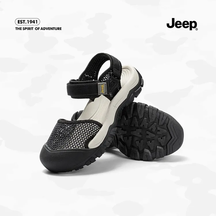 【Jeep/吉普】网面包头凉鞋女外穿2025夏季新款一字带厚底运动凉鞋