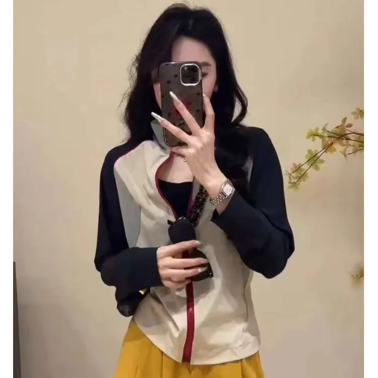 美式防晒撞色拼接长袖立领外套女2025春秋新款设计感修身显瘦上衣