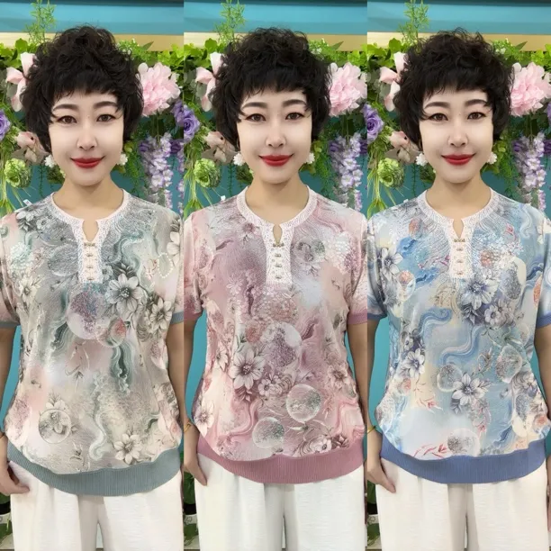 剪刀领压钻桃花妈妈短袖