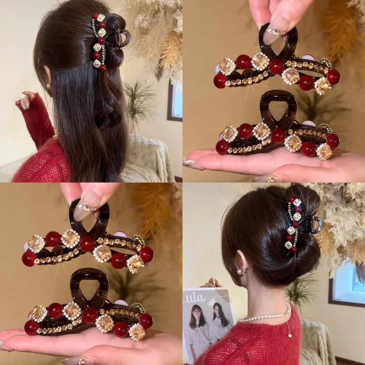 秋冬款安哥拉红方糖珠珠鲨鱼夹气质轻奢复古时尚百搭红色抓夹爆款