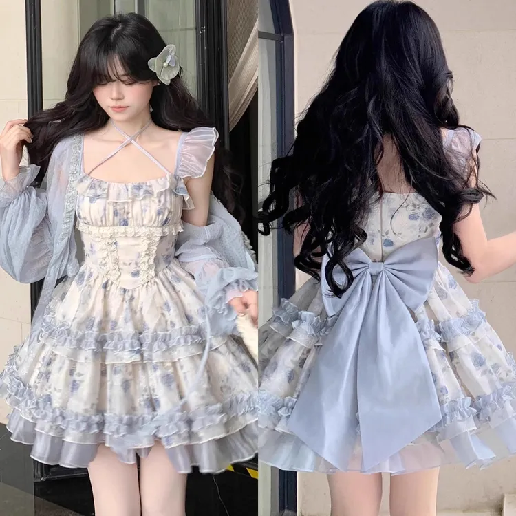 收腰蝴蝶结碎花连衣裙女夏季穿搭小个子蕾丝在逃甜美蓬蓬蛋糕短裙