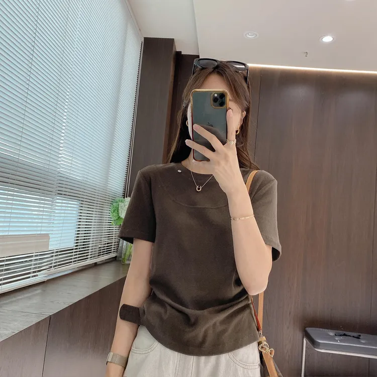 IMFLY金小金自制女装 T恤DYW9620纯色圆领设计感收腰打底短袖上衣