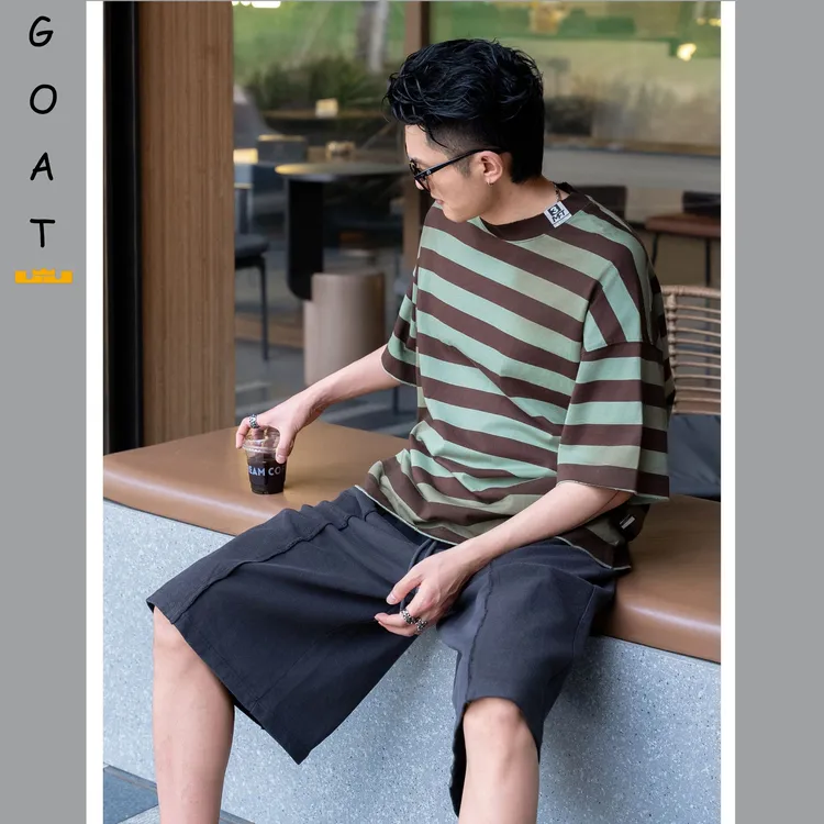 GOAT 25ss 重磅380g纯棉宽松爆款条纹简约喷马骝工艺T恤