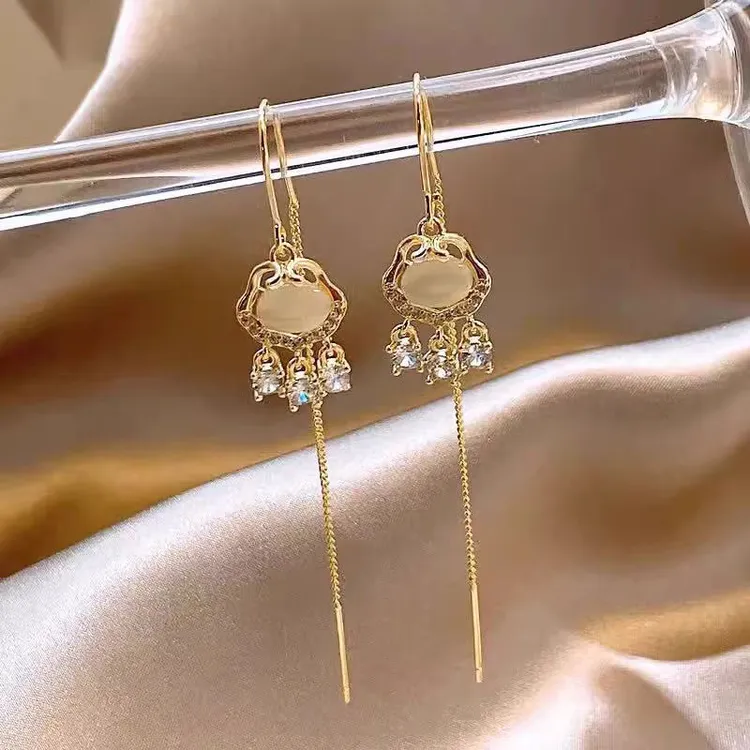 银针平安锁耳线女新款耳钉百搭时尚高级感长款流苏耳环耳饰小众