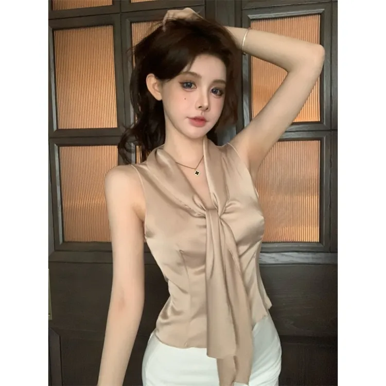 韩系飘带小众高级感法式洋气小衫纯欲风气质修身显瘦内搭上衣女