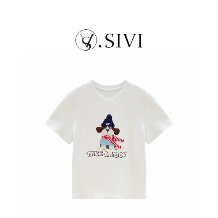 熙薇『圣诞小狗』2025冬季新款设计师时尚加厚短袖上衣H7000