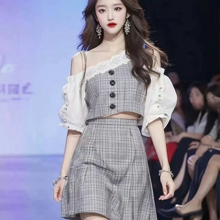 shly夏装搭配一整套今年流行爆款格纹连衣裙两件套装女装2025新款