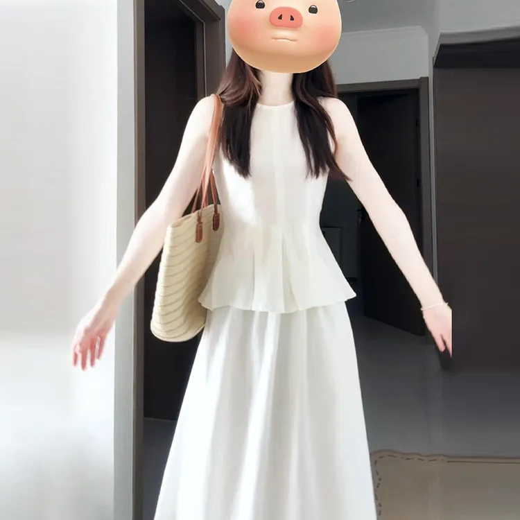 2025新款法式初恋风白色无袖背心连衣裙子女夏季气质收腰套装长裙